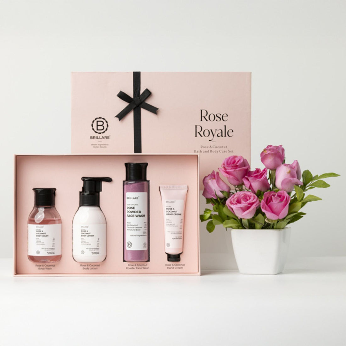 Brillare Rose Royale Gift Set (Pack of 4) - Body Wash (100ml), Body Lotion (100ml), Powder Face Wash (100g), Hand Cream (30g)