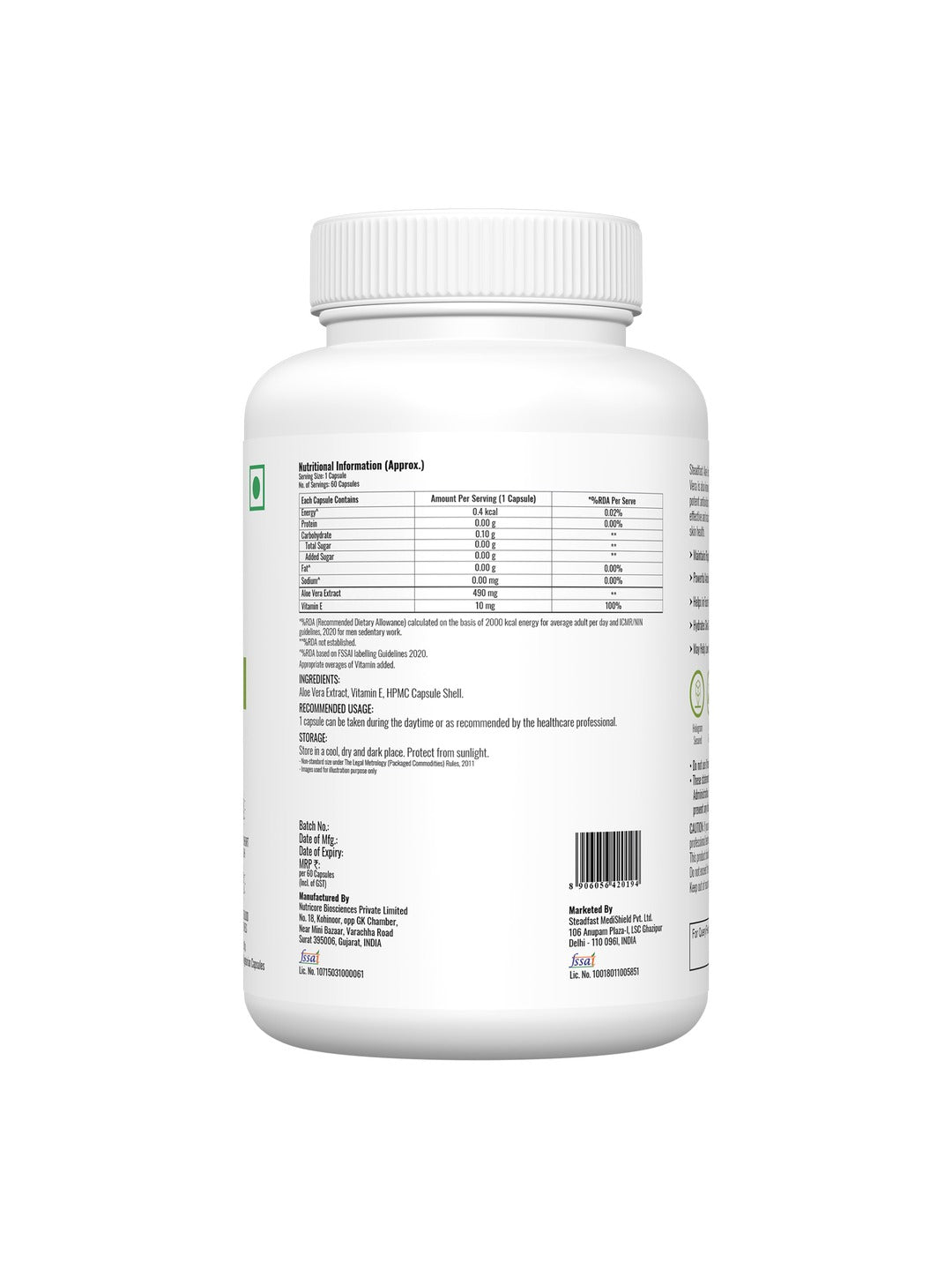 Steadfast Nutrition Aloe Vera Capsules for Healthy Skin & Hair (Pack of 60 Capsules)