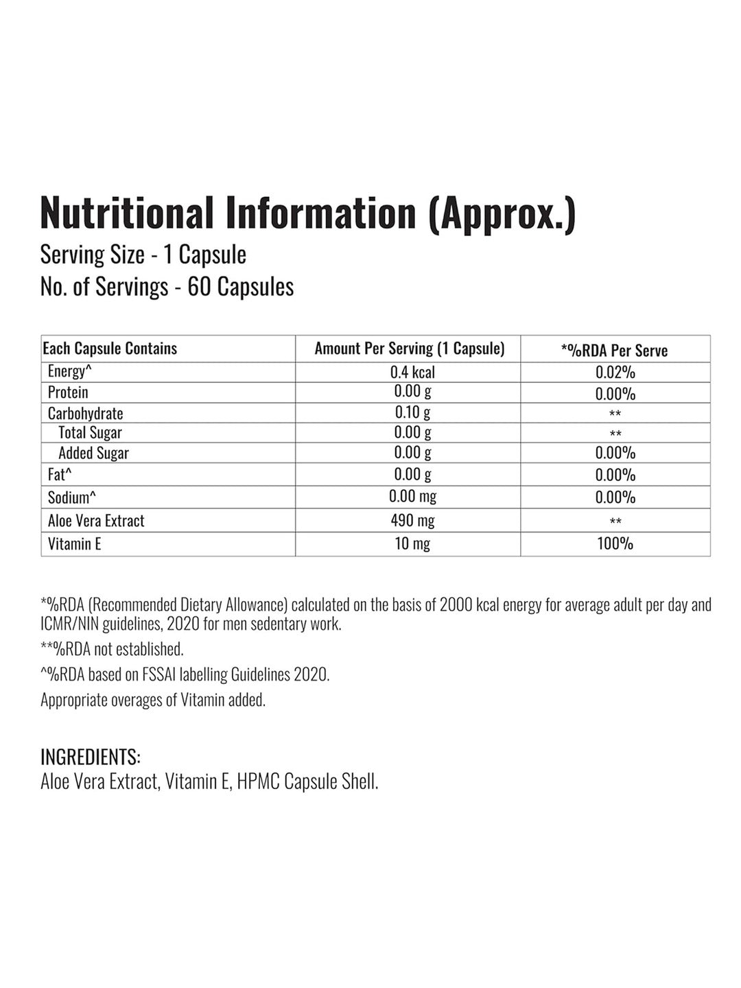 Steadfast Nutrition Aloe Vera Capsules for Healthy Skin & Hair (Pack of 60 Capsules)