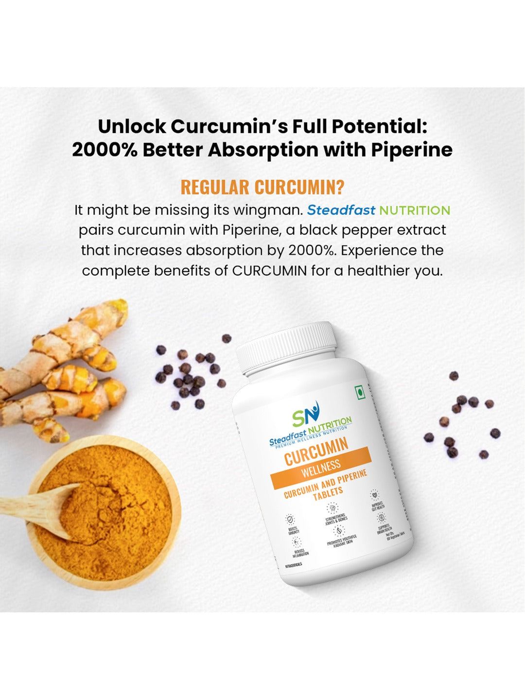 Steadfast Nutrition Curcumin Piperine Supplement (Pack of 60 Tablets)