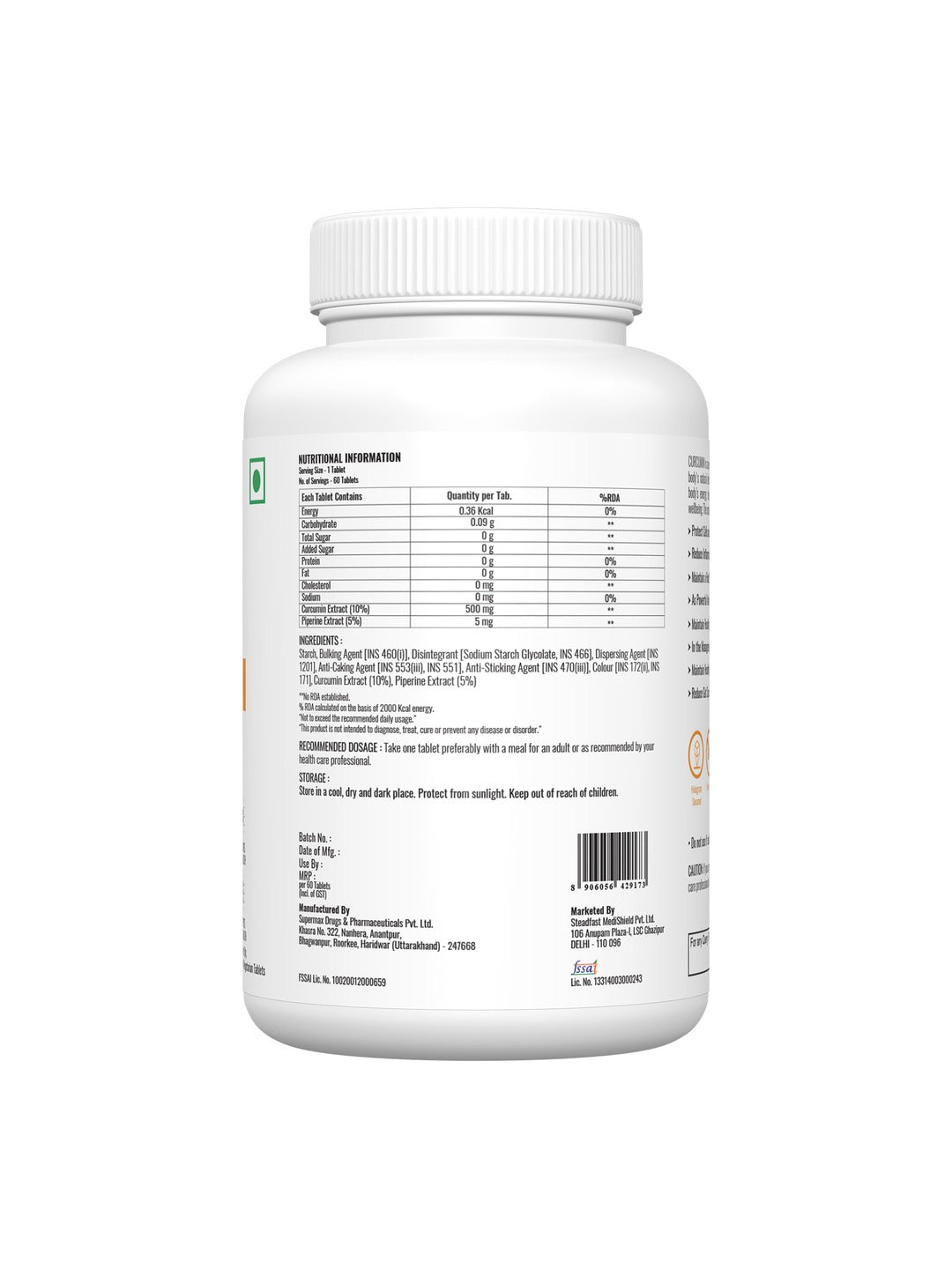 Steadfast Nutrition Curcumin Piperine Supplement (Pack of 60 Tablets)