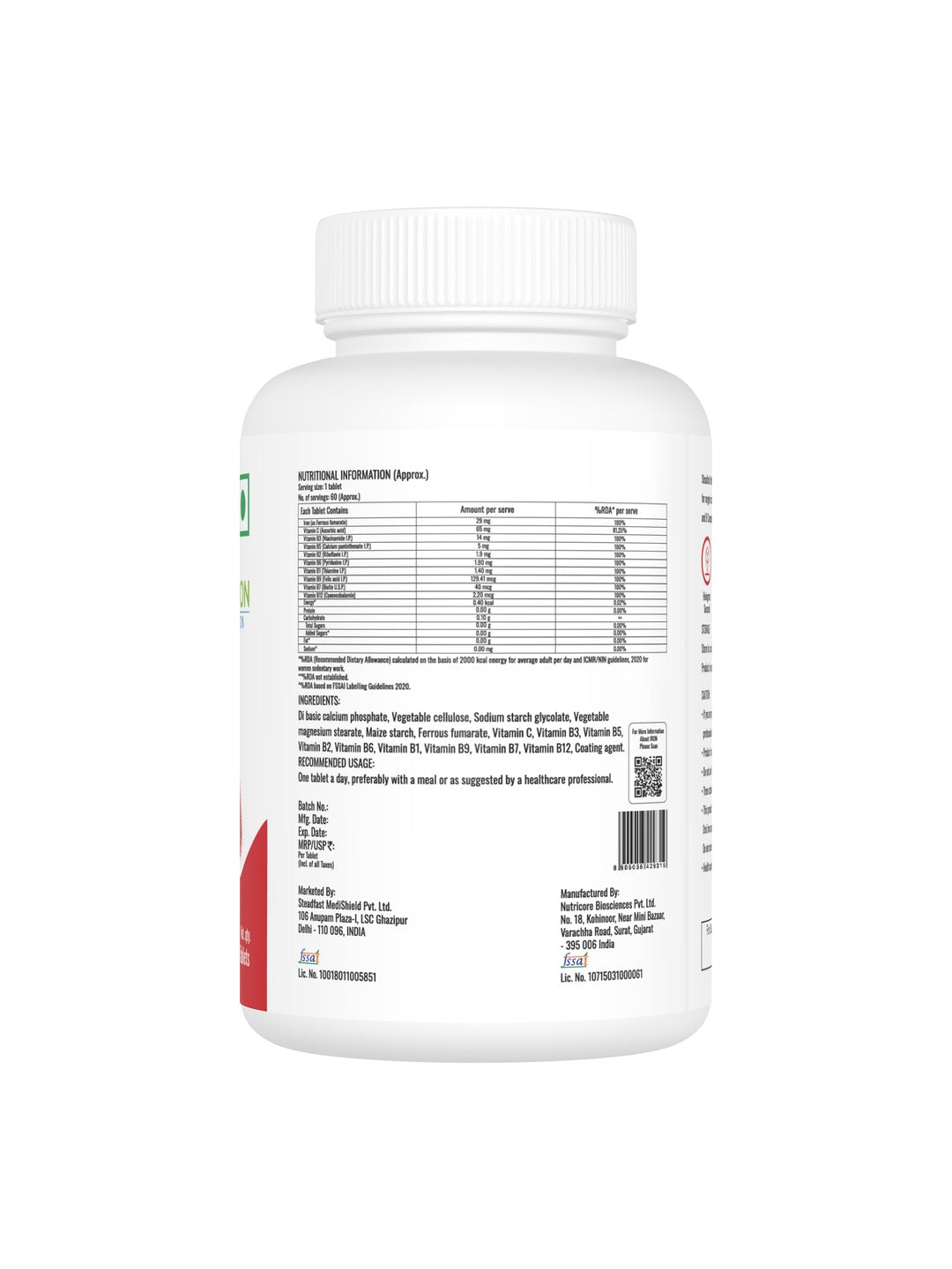 Steadfast Nutrition Iron with Vitamin C, Biotin & B Vitamins (Pack of 60 Tablets)