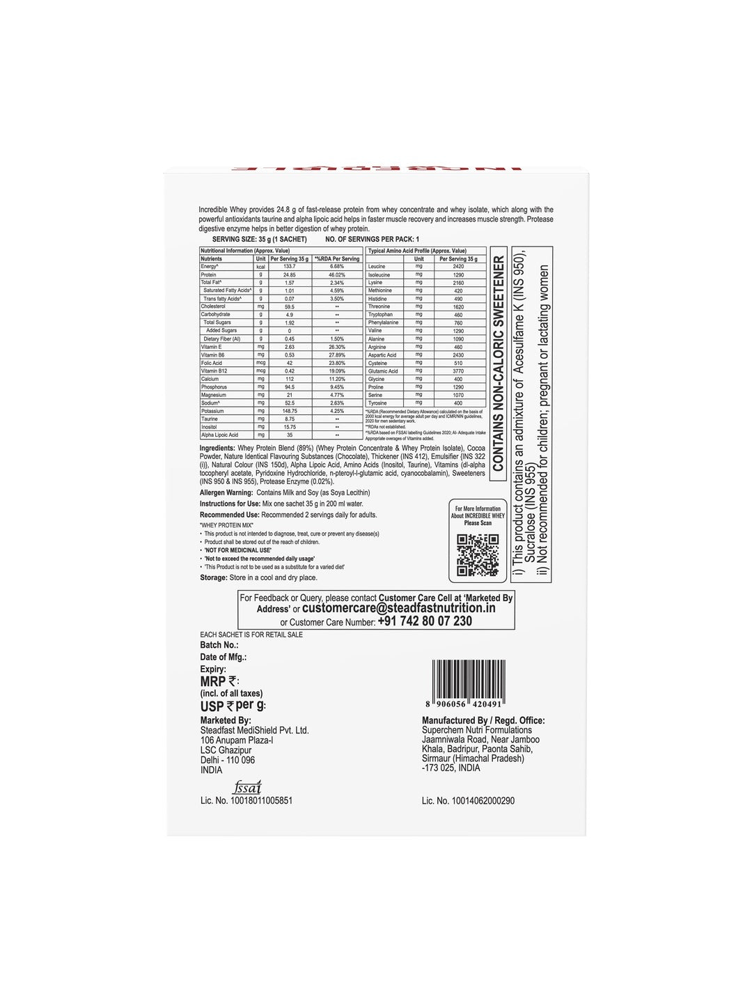 Steadfast Nutrition Incredible Whey Protein - Chocolate