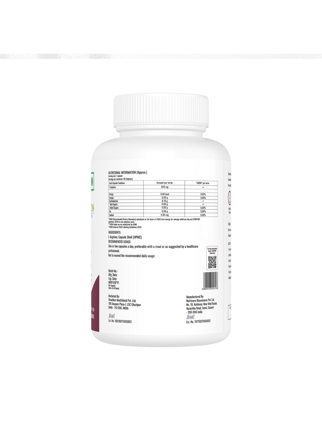 Steadfast Nutrition L-Arginine 500 mg Capsules (Pack of 60 Capsules)