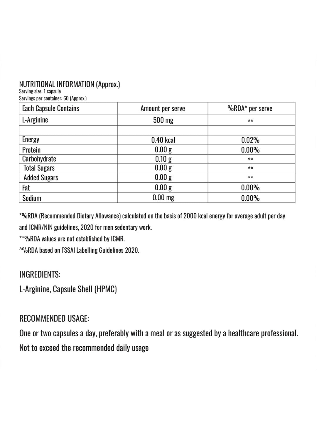 Steadfast Nutrition L-Arginine 500 mg Capsules (Pack of 60 Capsules)