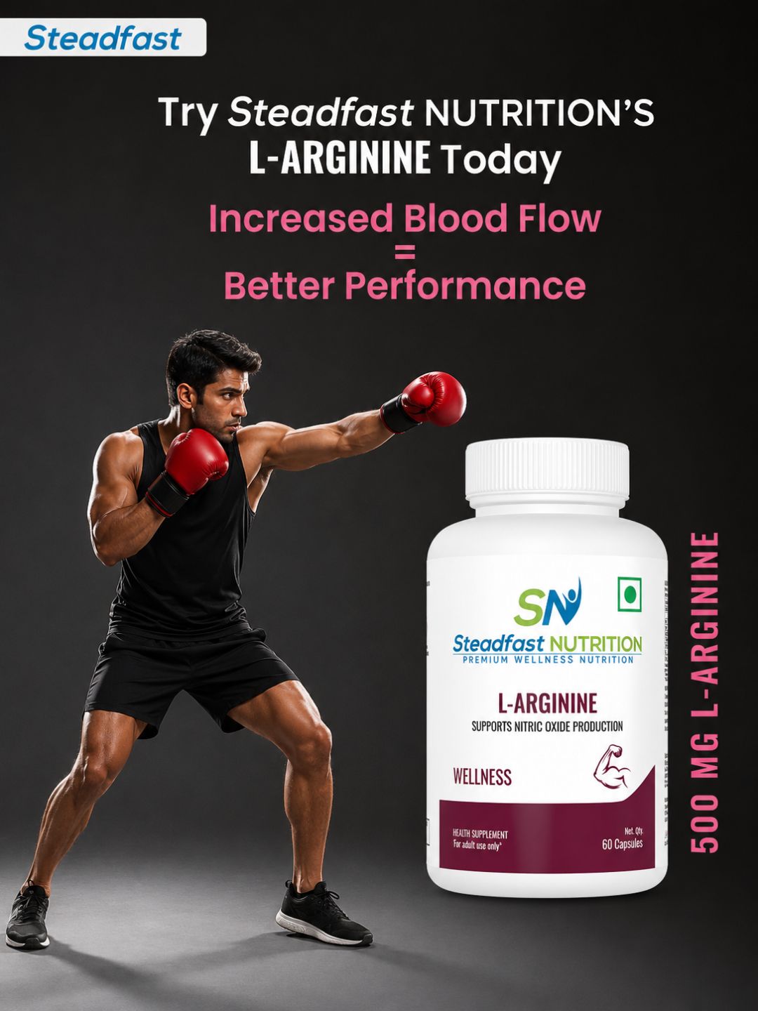 Steadfast Nutrition L-Arginine 500 mg Capsules (Pack of 60 Capsules)