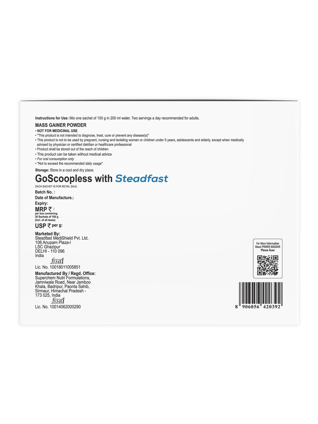 Steadfast Nutrition Power Massive Muscle Mass Gainer - Chocolate (Pack of 30 Sachets)