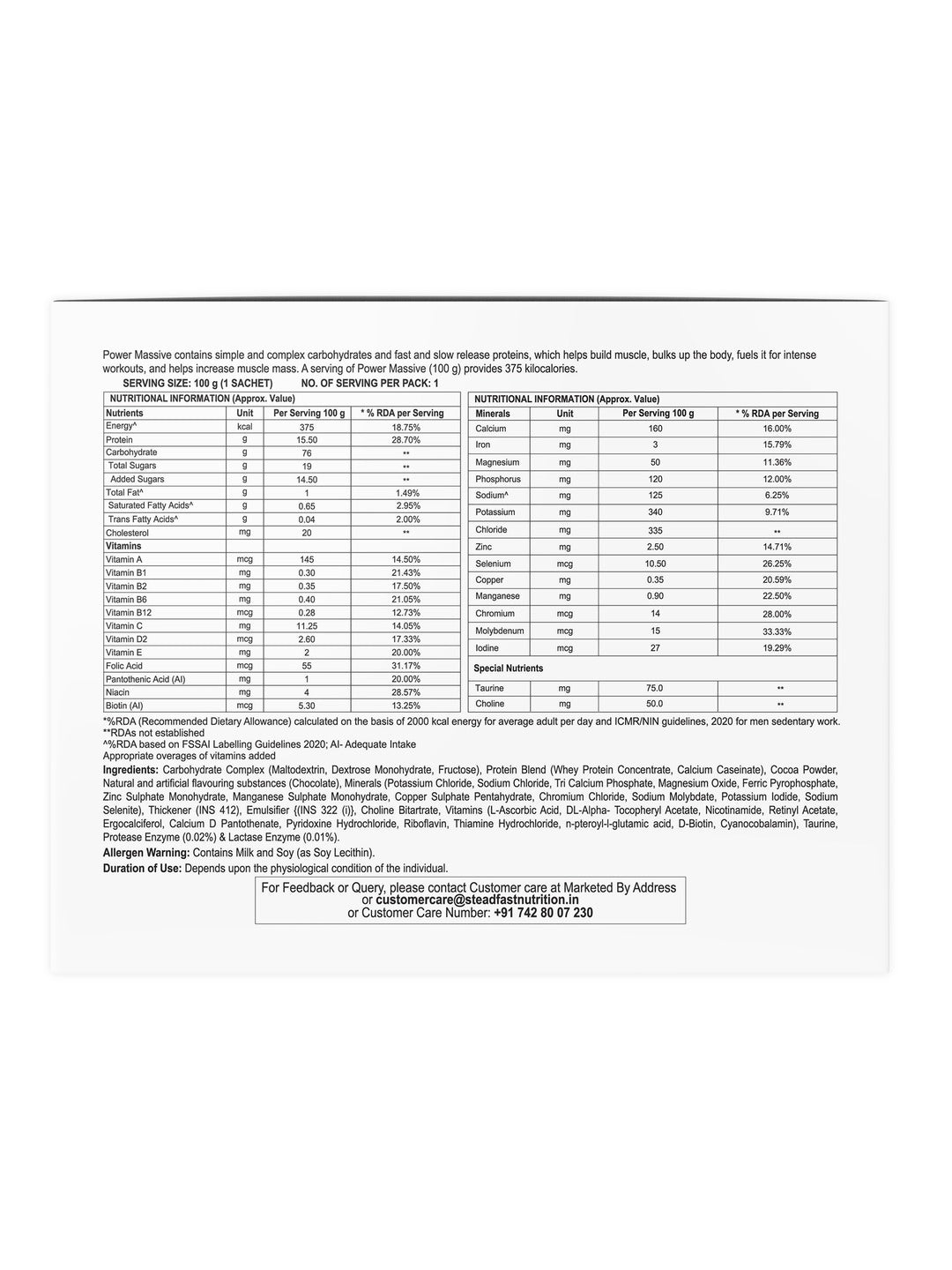 Steadfast Nutrition Power Massive Muscle Mass Gainer - Chocolate (Pack of 30 Sachets)