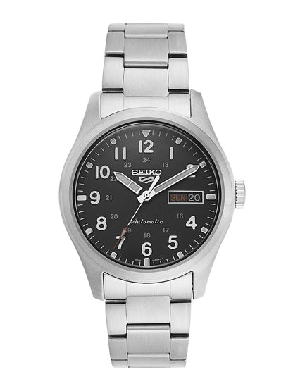 Seiko Black Dial & Silver Toned Stainless Steel Bracelet Style Straps Analogue Watch - SRPG27K1