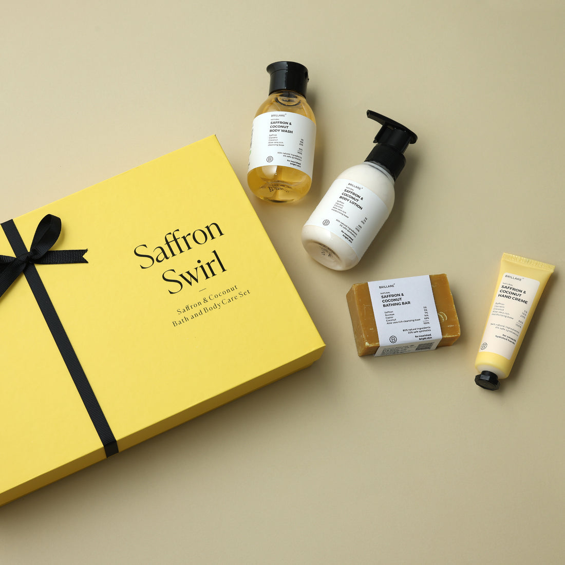 Brillare Saffron Swirl Gift Set (Pack of 4) - Body Wash (100ml), Body Lotion (100ml), Soap (75g), Hand Cream (30g)