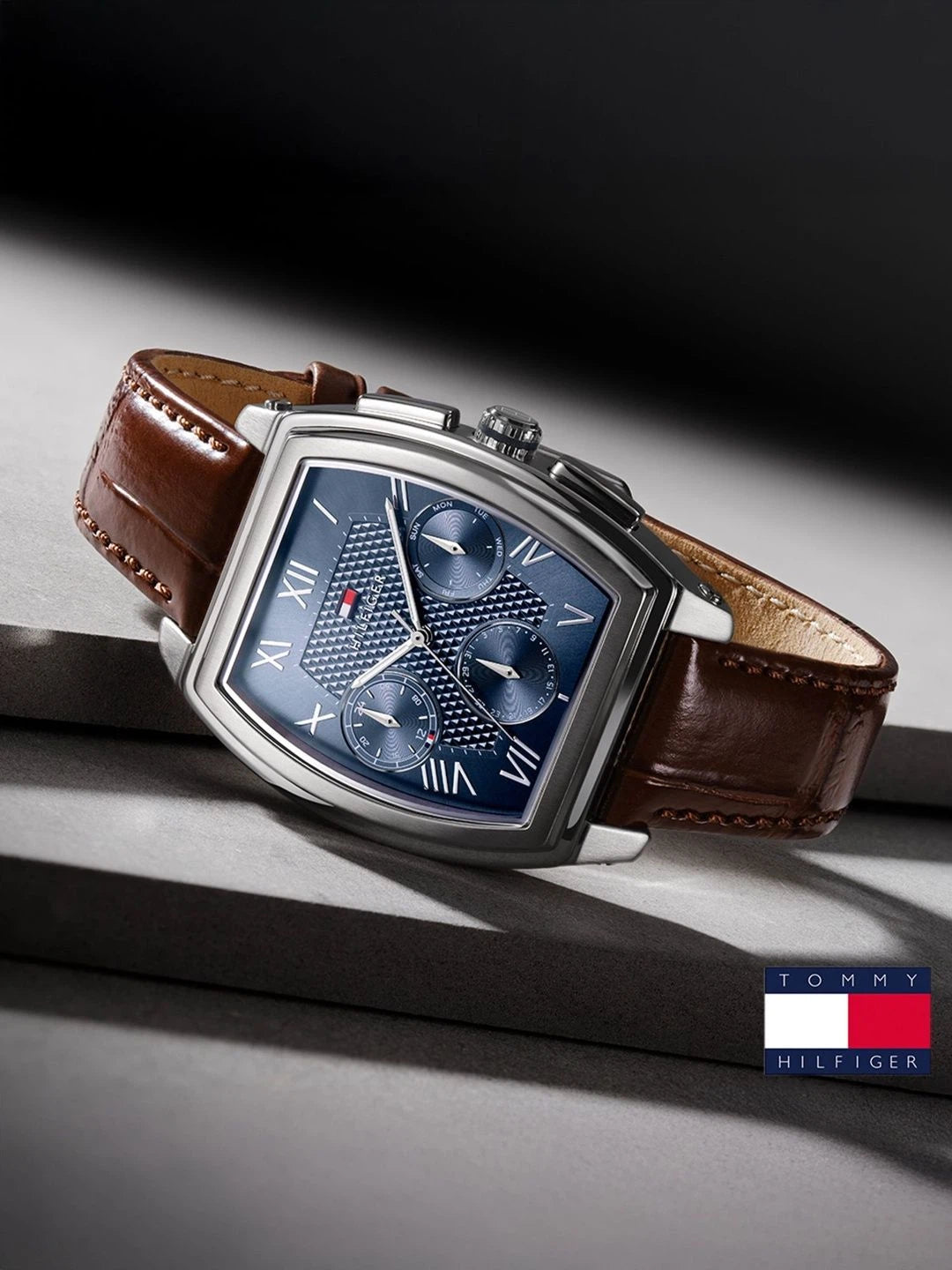 Tommy Hilfiger Rectangle Blue Dial Analog Watch With Multifunction Display & Leather Strap - TH1710760