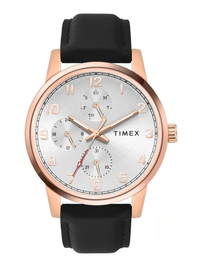 Timex Round Silver Dial Multifunction Watch With Black Leather Strap  - TWEG18908