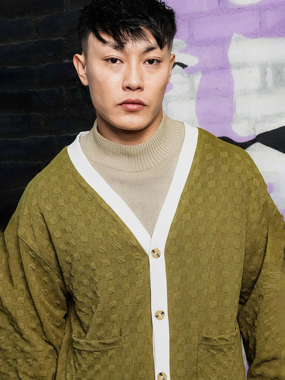House Of Koala Olive Textured & Self Design V-Neck Knitted Cardigan