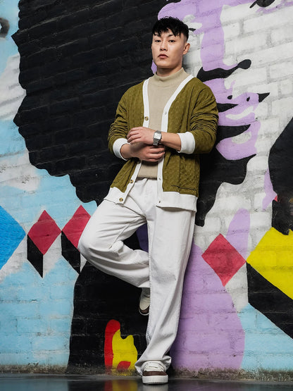 House Of Koala Olive Textured & Self Design V-Neck Knitted Cardigan