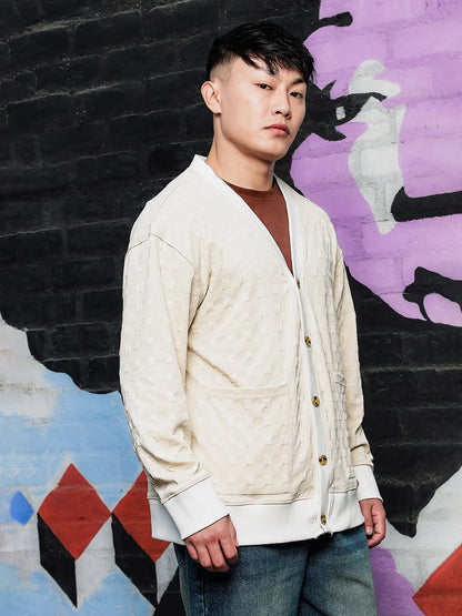 House Of Koala Off-White Textured & Self Design V-Neck Knitted Cardigan