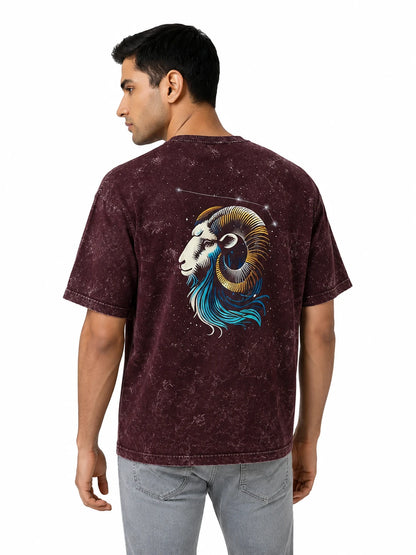 Arya Maroon Oversized Zodiac Aries Print Half Sleeve Cotton T-Shirt