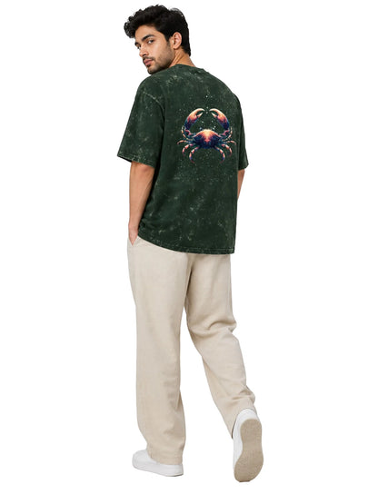 Arya Bottle Green Oversized Zodiac Cancer Print Half Sleeve Cotton T-Shirt