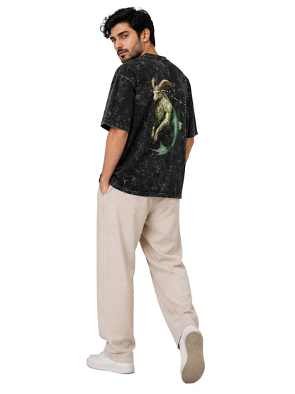 Arya Black Oversized Zodiac Capricorn Print Half Sleeve Cotton T-Shirt