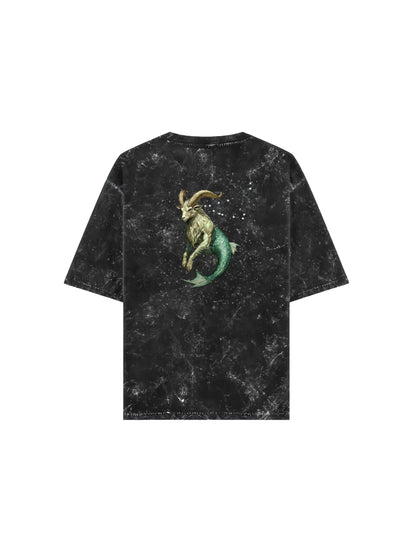 Arya Black Oversized Zodiac Capricorn Print Half Sleeve Cotton T-Shirt