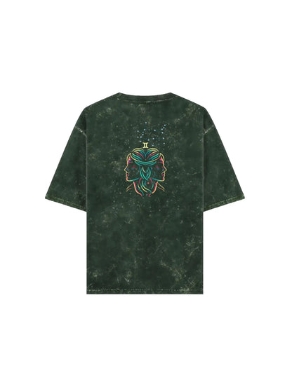 Arya Bottle Green Oversized Zodiac Gemini Print Half Sleeve Cotton T-Shirt