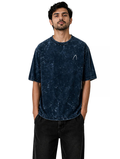 Arya Navy Blue Oversized Zodiac Gemini Print Half Sleeve Cotton T-Shirt