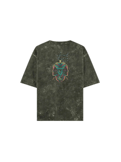 Arya Olive Green Oversized Zodiac Gemini Print Half Sleeve Cotton T-Shirt