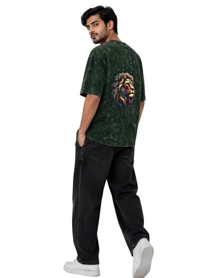 Arya Bottle Green Oversized Zodiac Leo Print Half Sleeve Cotton T-Shirt