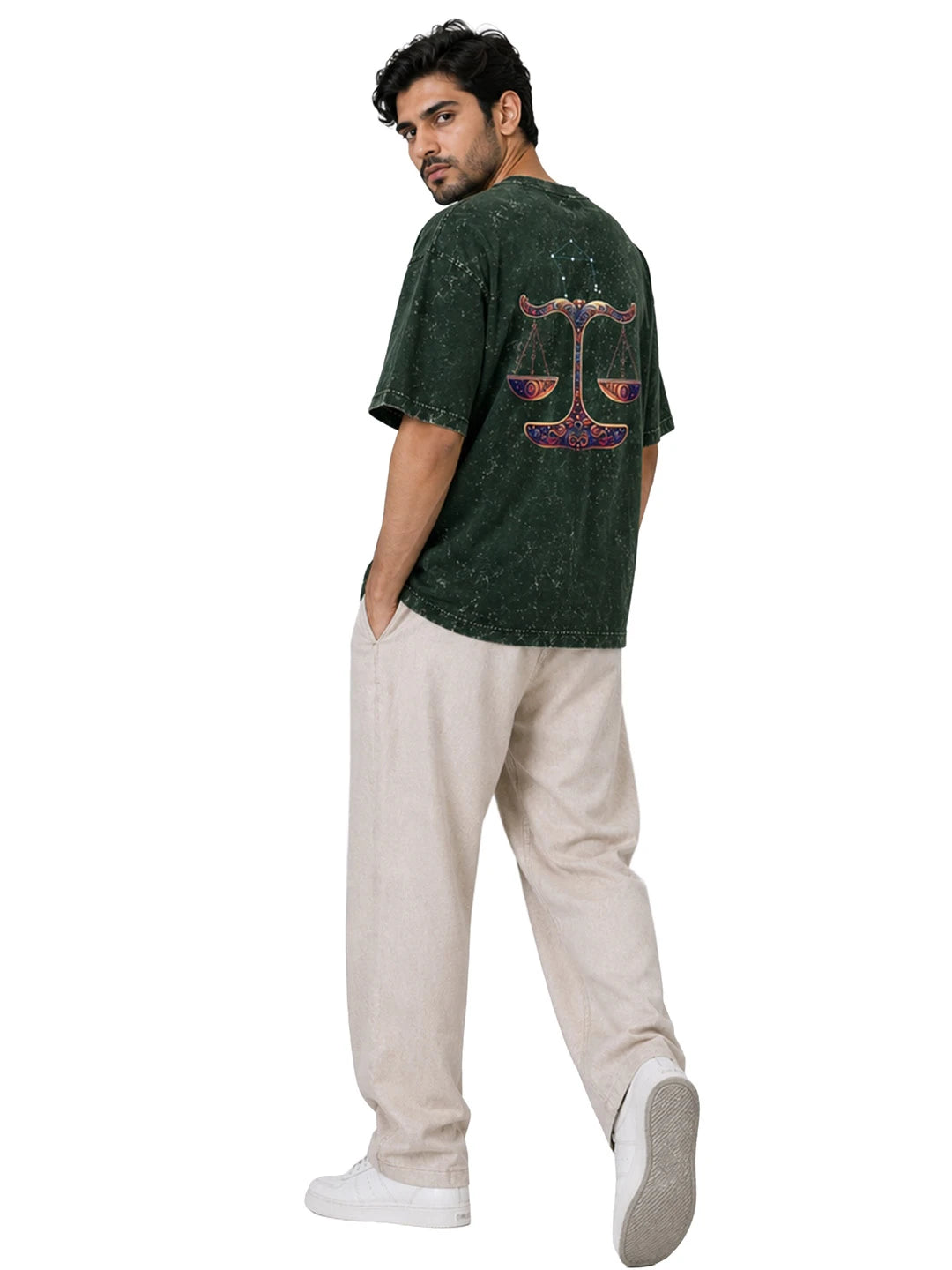 Arya Bottle Green Oversized Zodiac Libra Print Half Sleeve Cotton T-Shirt