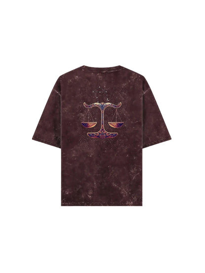 Arya Maroon Oversized Zodiac Libra Print Half Sleeve Cotton T-Shirt