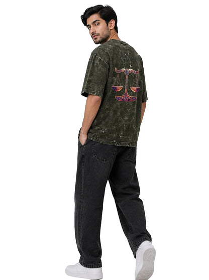 Arya Olive Green Oversized Zodiac Libra Print Half Sleeve Cotton T-Shirt