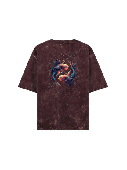 Arya Maroon Oversized Zodiac Pisces Print Half Sleeve Cotton T-Shirt