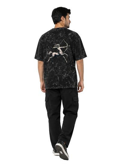 Arya Black Oversized Zodiac Sagittarius Print Half Sleeve Cotton T-Shirt