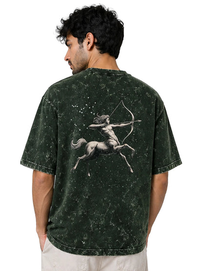 Arya Bottle Green Oversized Zodiac Sagittarius Print Half Sleeve Cotton T-Shirt