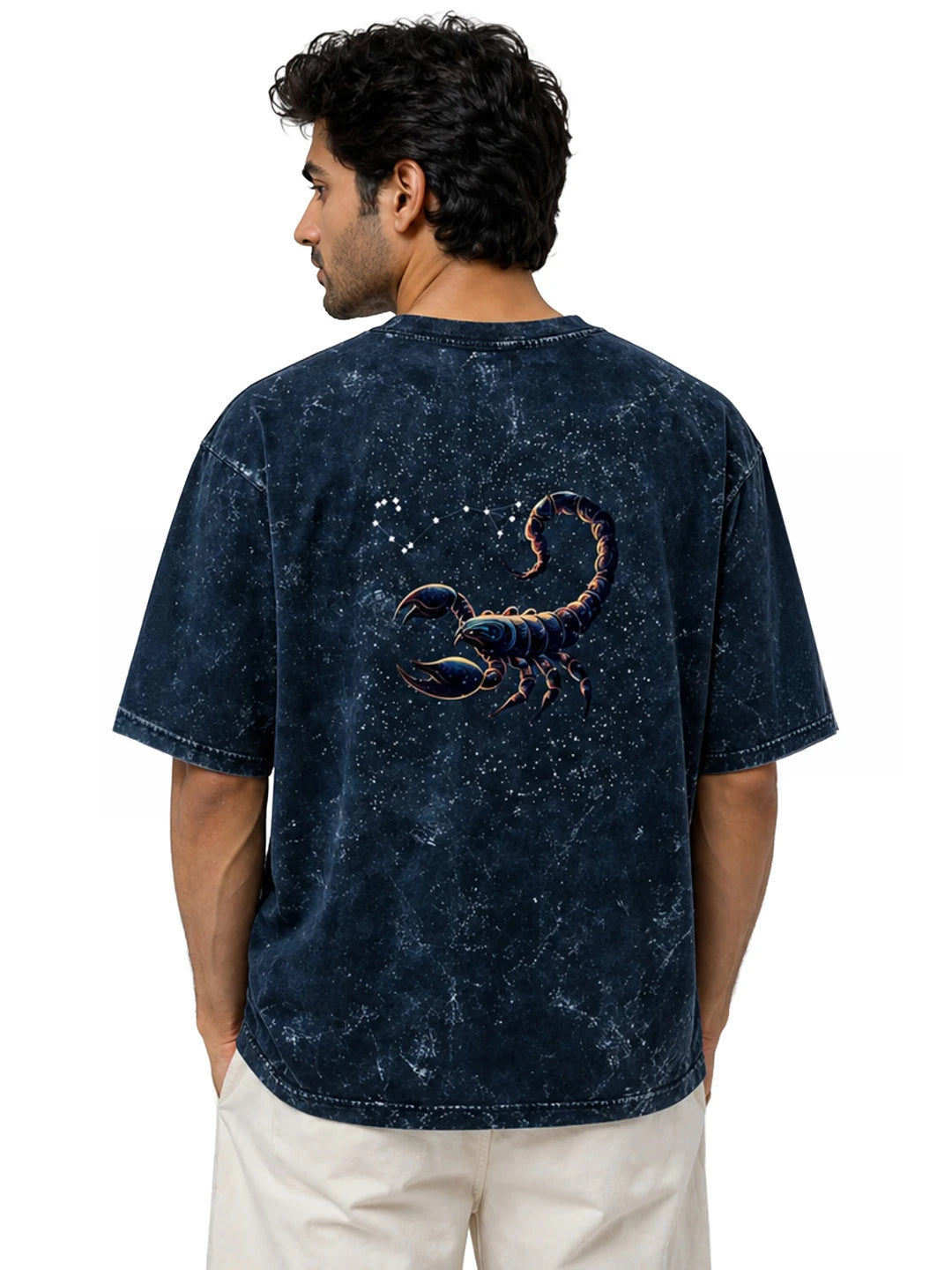 Arya Navy Blue Oversized Zodiac Scorpio Print Half Sleeve Cotton T-Shirt