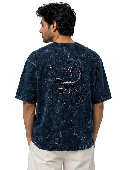 Arya Navy Blue Oversized Zodiac Scorpio Print Half Sleeve Cotton T-Shirt