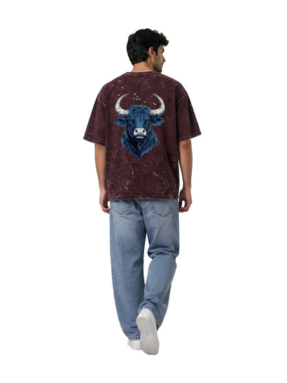Arya Maroon Oversized Zodiac Taurus Print Half Sleeve Cotton T-Shirt