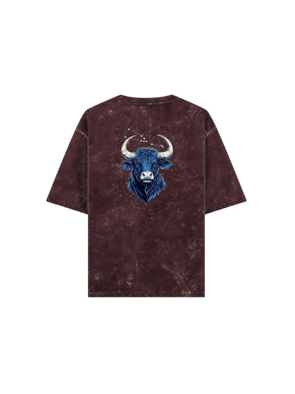 Arya Maroon Oversized Zodiac Taurus Print Half Sleeve Cotton T-Shirt