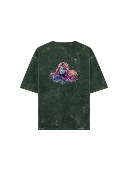 Arya Bottle Green Oversized Zodiac Virgo Print Half Sleeve Cotton T-Shirt
