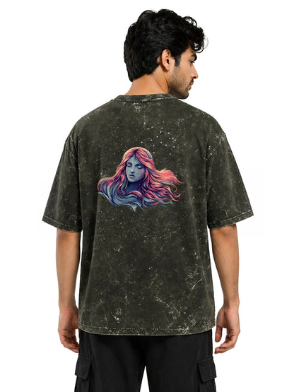 Arya Olive Green Oversized Zodiac Virgo Print Half Sleeve Cotton T-Shirt
